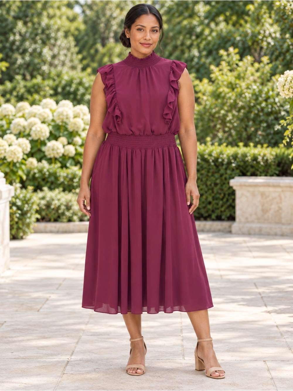 BCBG Paris Purple Ruffle Smocked High Neck Midi Dress L 12-14 Wedding Guest NWT